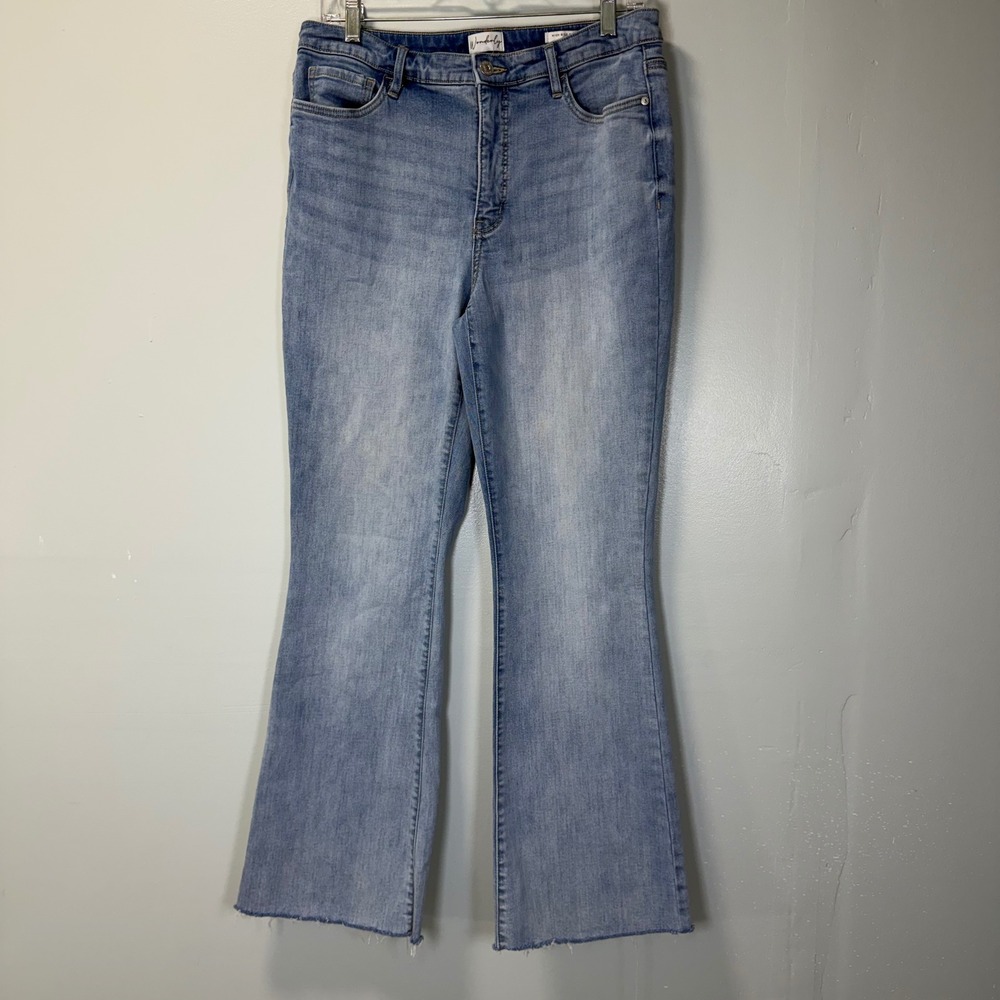 Wonderly Womens High Rise Flare Jeans Light Wash Raw Hem Blue Size 10R